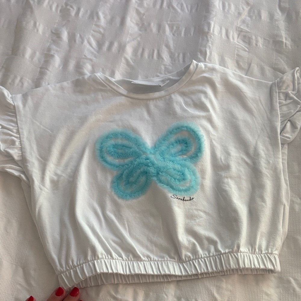 BNWOT SARABANDA White and Blue Butterfly Kids Top SIZE 4